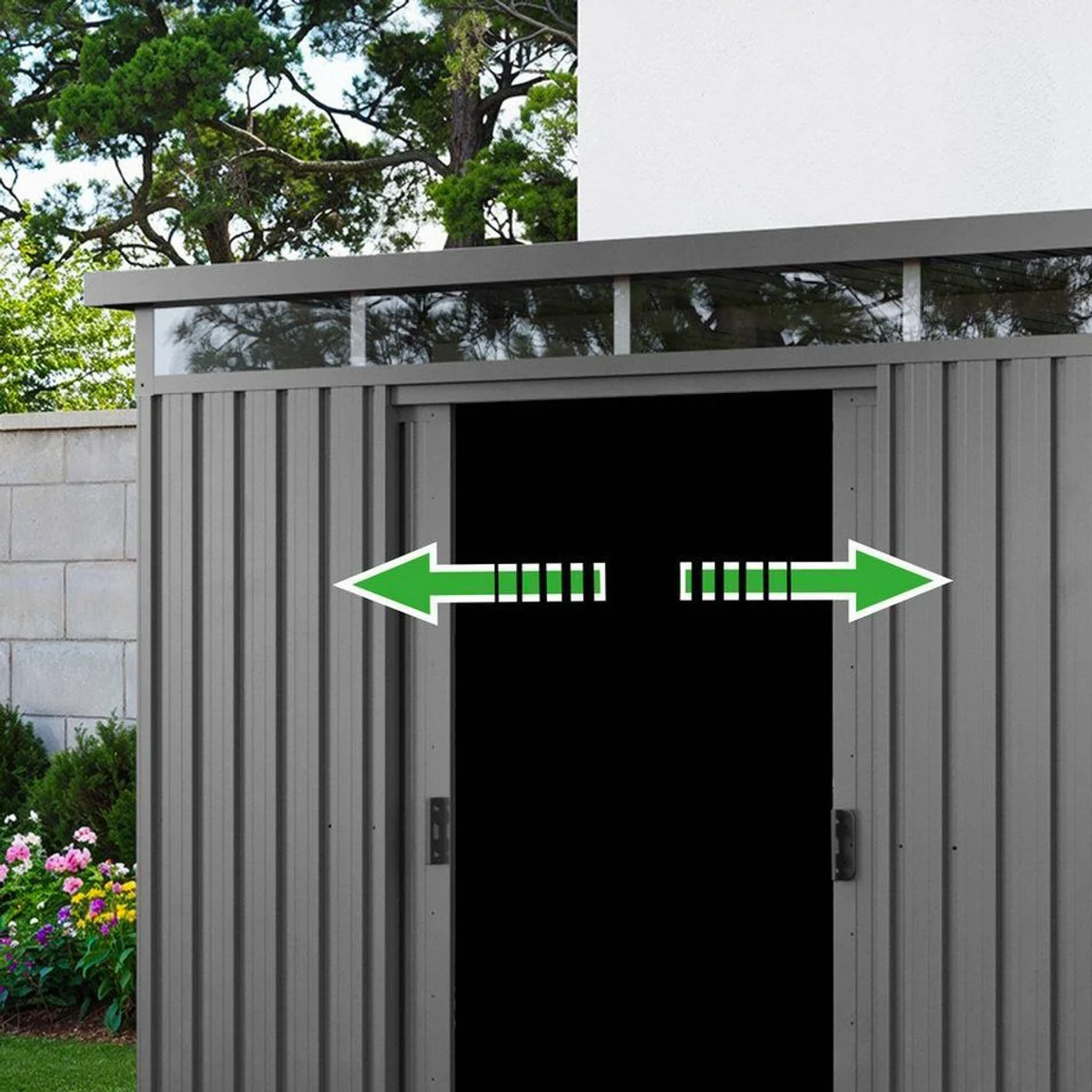 GFP Gerätehaus Bob, feuerverzinktes Stahlblech, Schiebetüren, innovative Flachdachkonstruktion 3