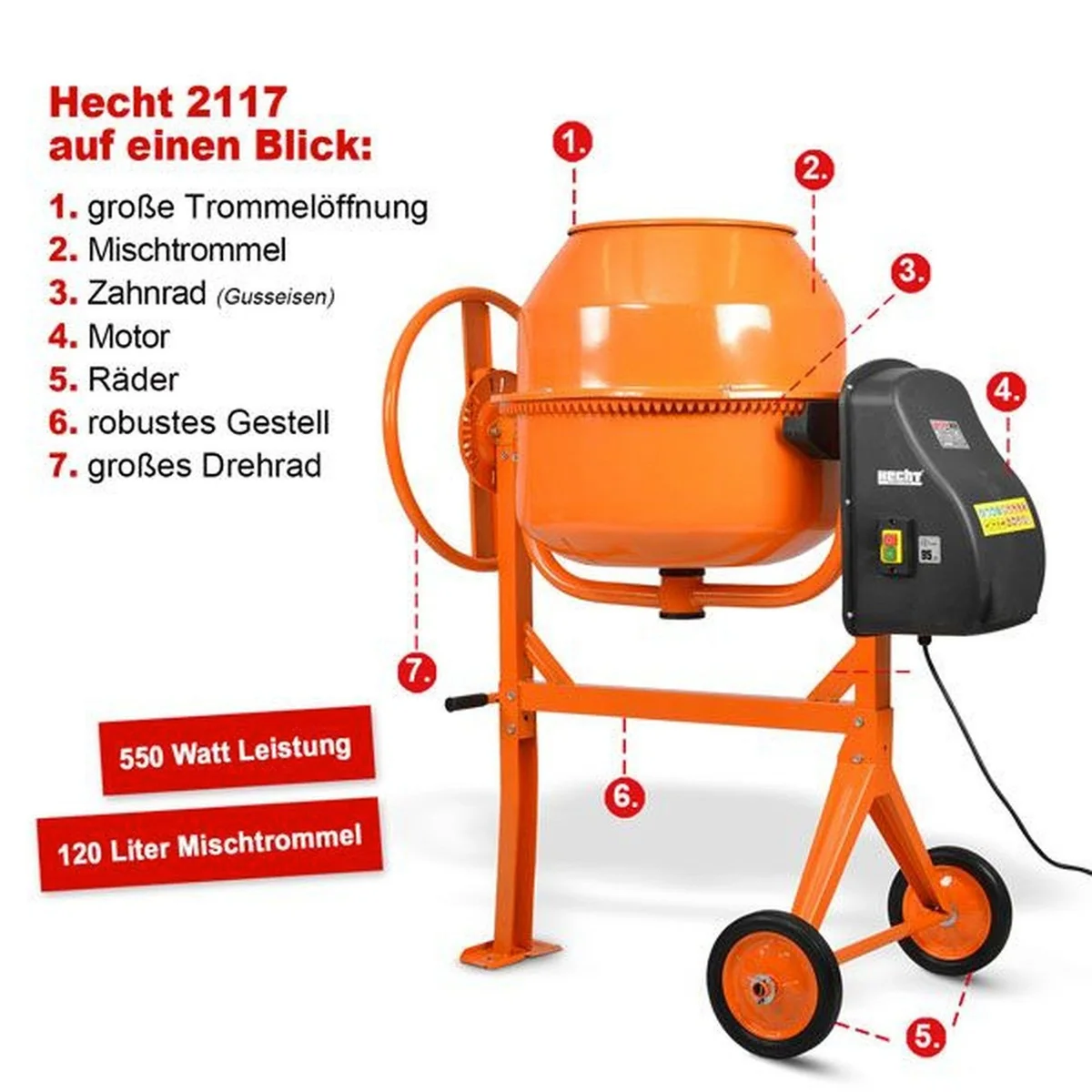Hecht Betonmischer 120 L, leistungsstarker Gusseisen-Mischer mit 550 Watt 2