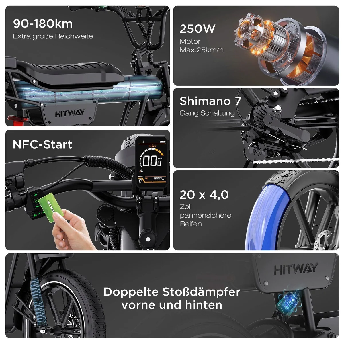 HITWAY E-Bike BK30, hohe Reichweite, robuste Reifen, schlüsselloser Zugang 2