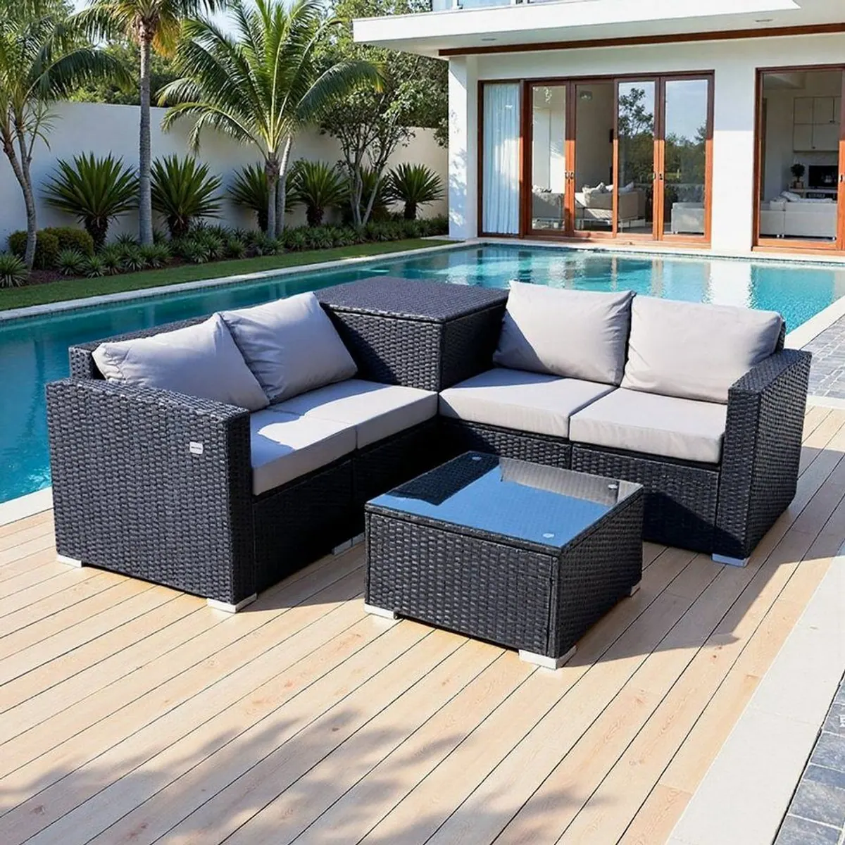 HOMAVO Gartenlounge-Set, 7-teiliges Set für 4 Personen, inkl. Aufbewahrungsbox & Abdeckung