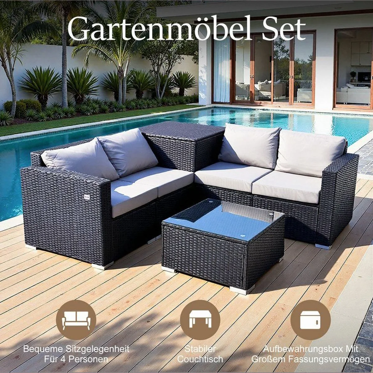HOMAVO Gartenlounge-Set, 7-teiliges Set für 4 Personen, inkl. Aufbewahrungsbox & Abdeckung 2