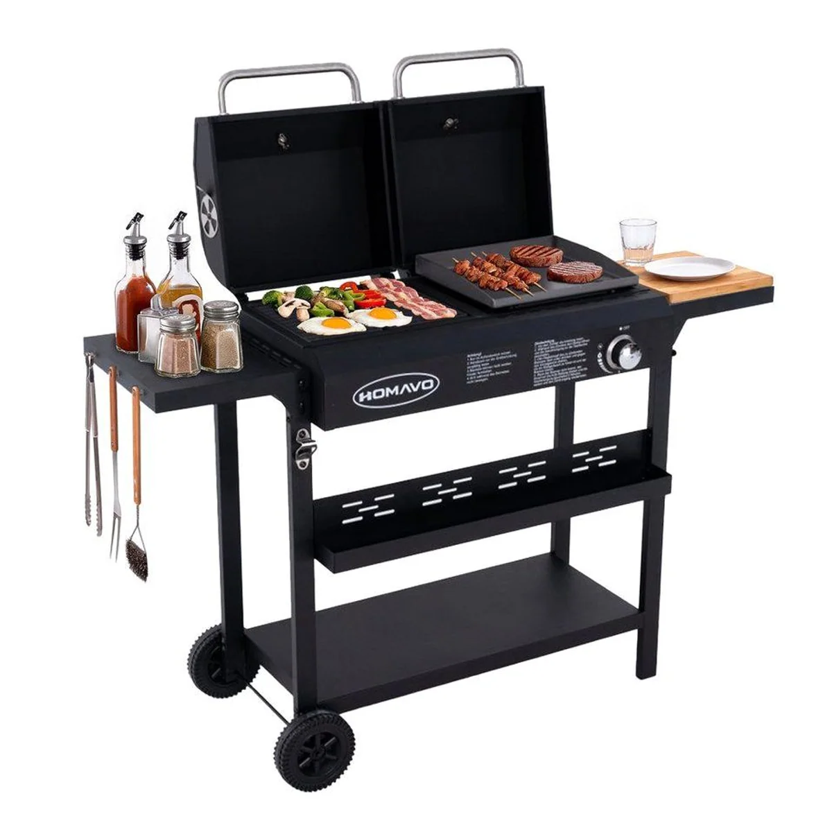 HOMAVO Gasgrill 2-in-1, vielseitig im Gas- und Holzkohlebetrieb