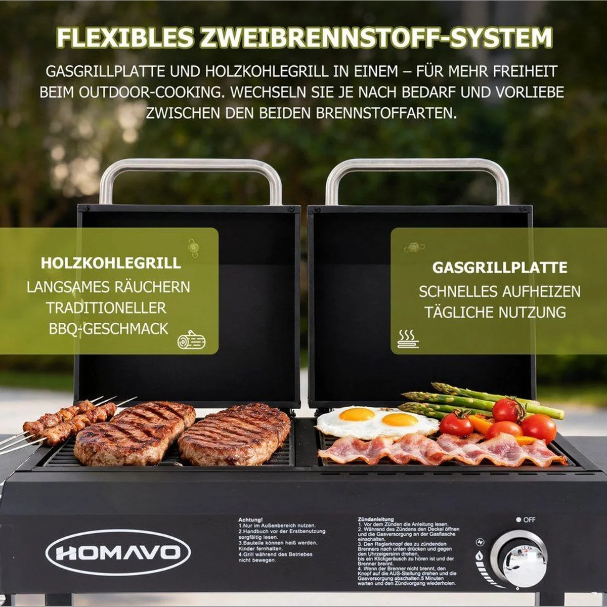 HOMAVO Gasgrill 2-in-1, vielseitig im Gas- und Holzkohlebetrieb 2