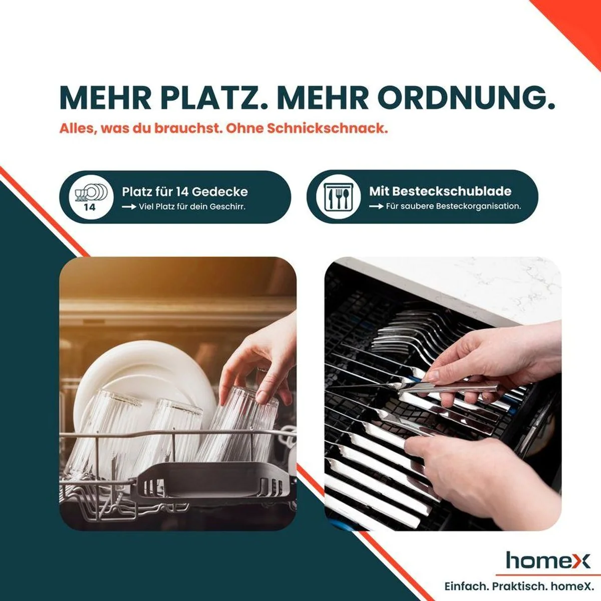 homeX DWFS601444C-S Geschirrspüler, 14 Maßgedecke, 7 Programme, leise 44 dB 2