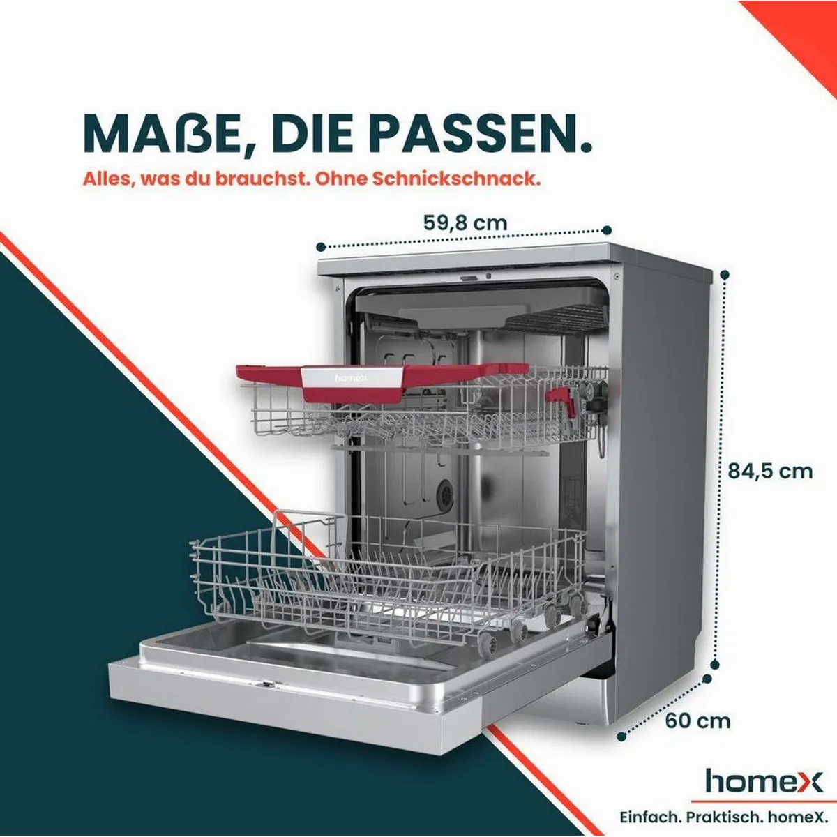 homeX DWFS601444C-S Geschirrspüler, 14 Maßgedecke, 7 Programme, leise 44 dB 4