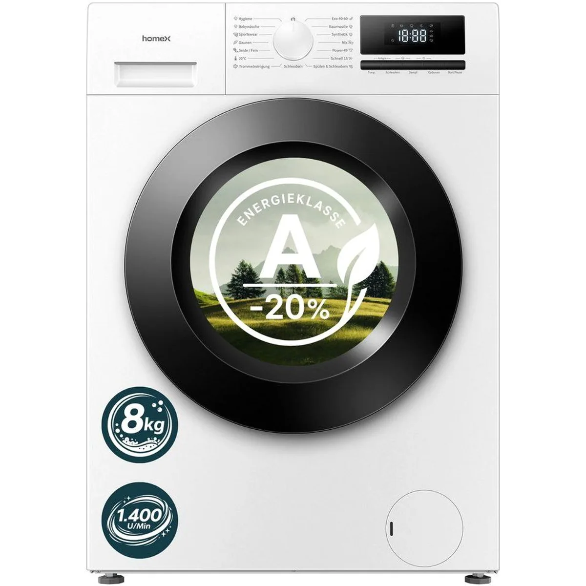 homeX WF814H1A-W Waschmaschine, 8 kg, 1400 U/min, Dampffunktion, Inverter Motor, EEK A -20%