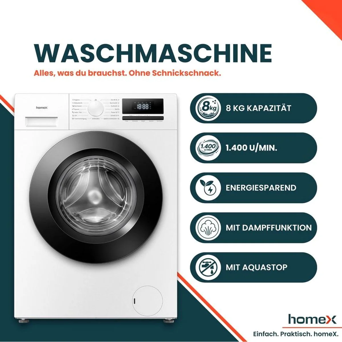 homeX WF814H1A-W Waschmaschine, 8 kg, 1400 U/min, Dampffunktion, Inverter Motor, EEK A -20% 2