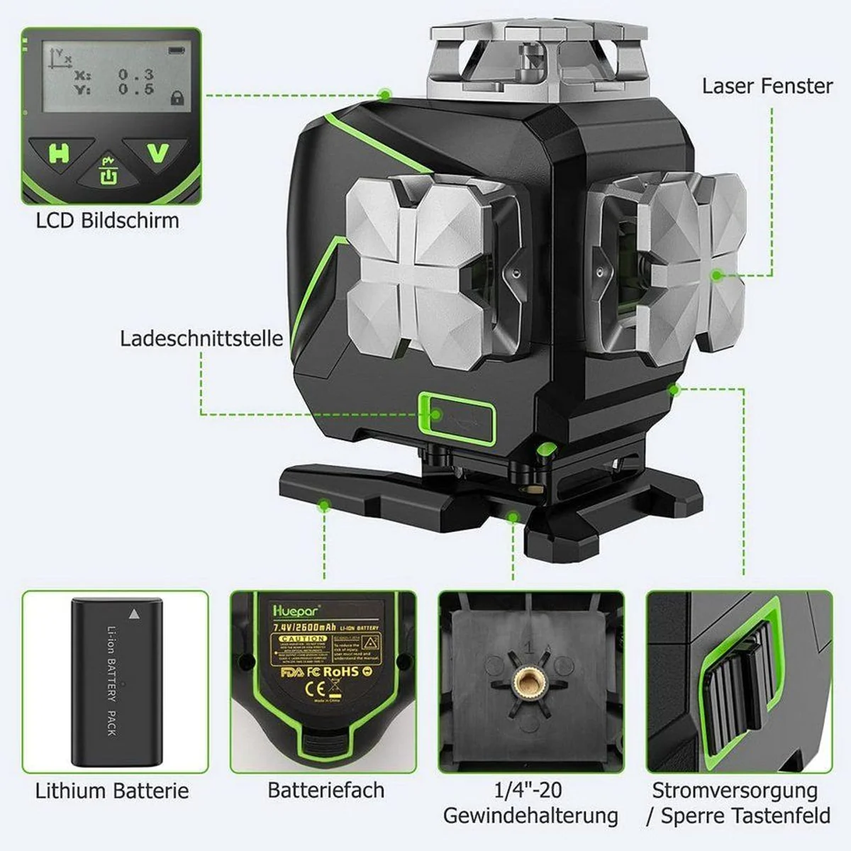 Huepar S04CG Kreuzlinienlaser, 4D Projektion, Selbstnivellierung, LCD-Bildschirm 4
