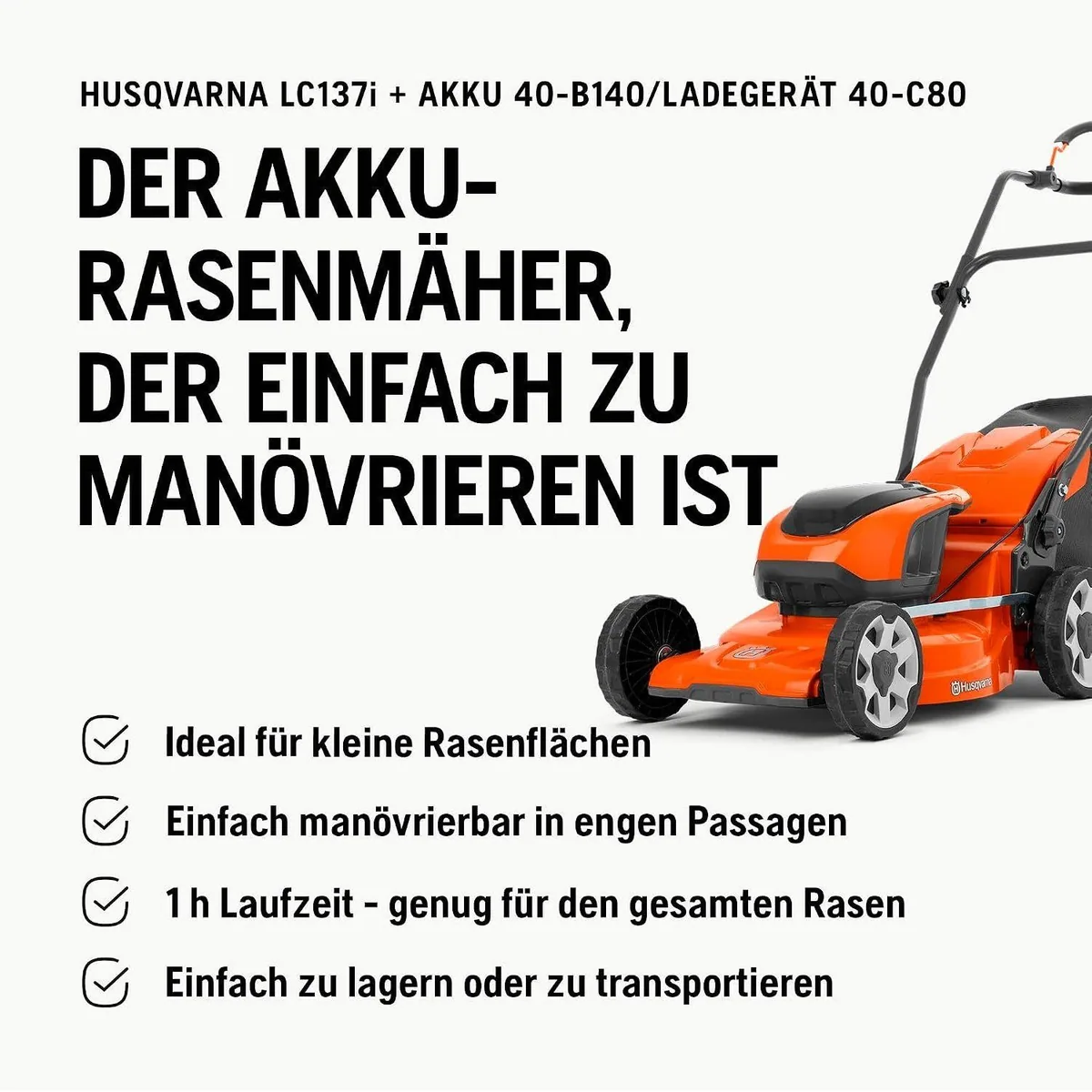 Husqvarna LC 137i Akku-Rasenmäher, 37 cm Schnittbreite, kompakt und leicht — ideal für kleine Gärten bis 300 m² 4