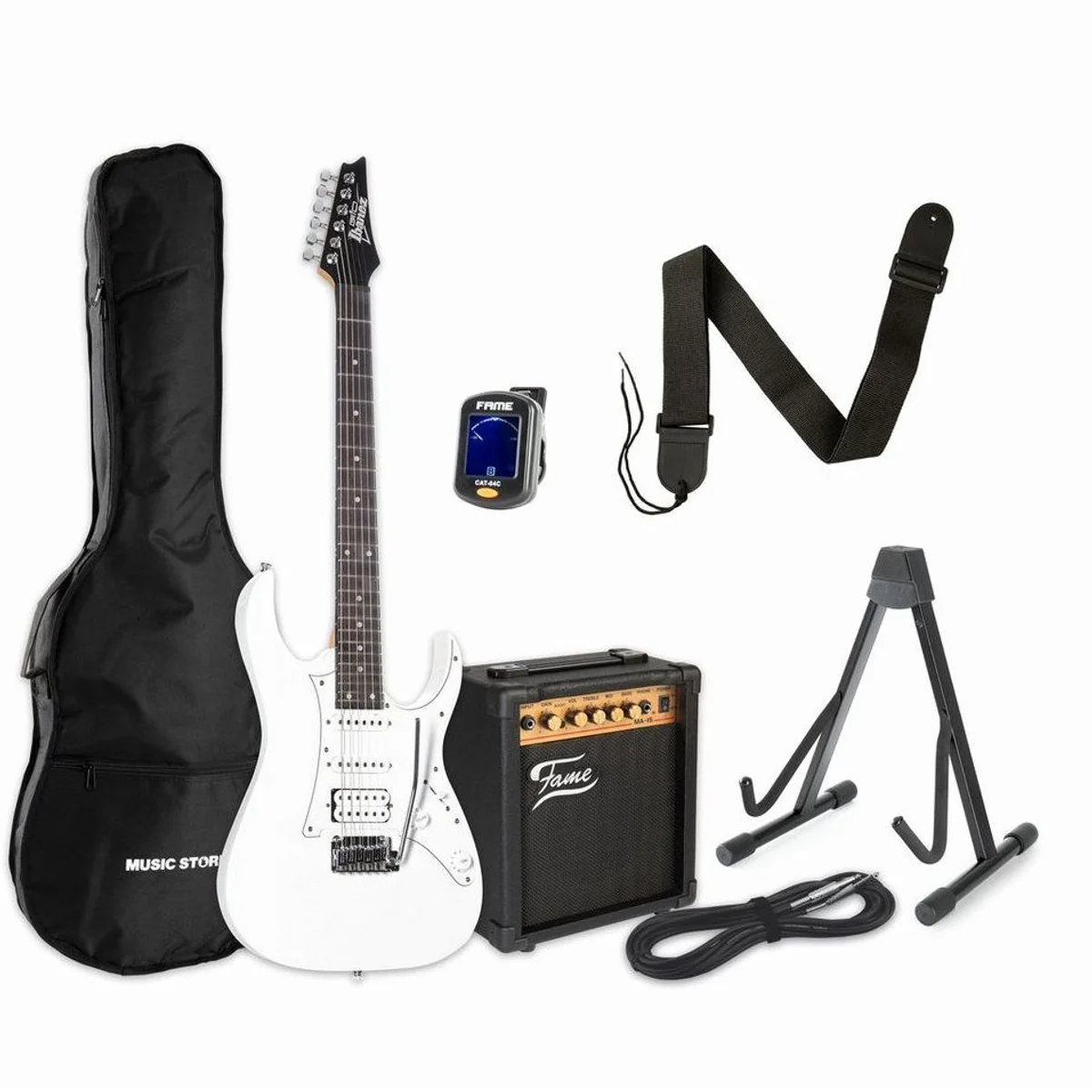 Ibanez Gio GRG140-WH E-Gitarre, inkl. Fame MA-15 Verstärker und Zubehör