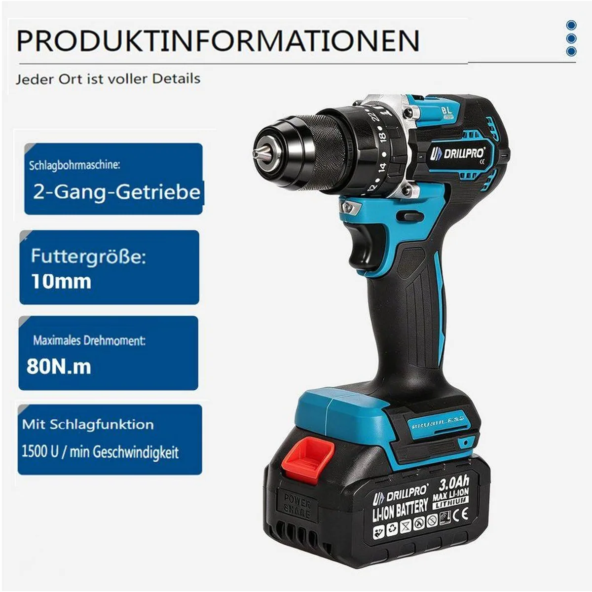 Insma Akku-Schlagbohrmaschine 6 IN 1, bürstenlos, inklusive 2 Akkus und Koffer 4