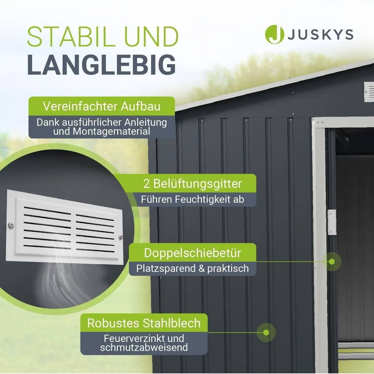 Juskys Gartenhaus XXL, 282x314 cm, Satteldach, Schiebetür, 15 m³ Lagerfläche 5