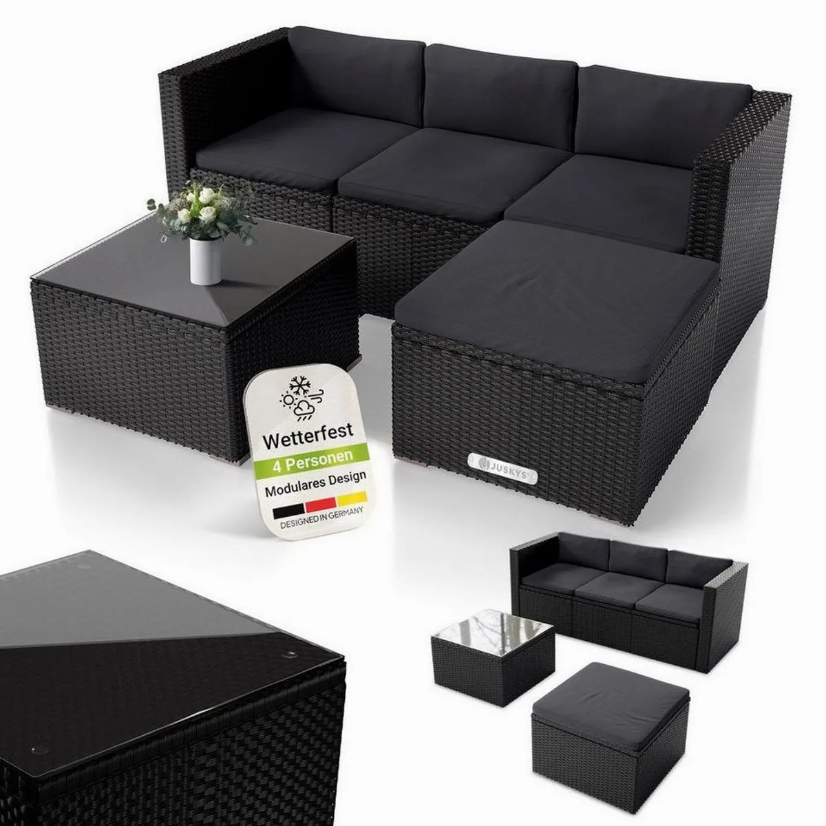 Juskys Punta Cana Gartenlounge-Set, Polyrattan, wetterfest & modern — 1 Tisch, 1 Sofa, 1 Hocker 2