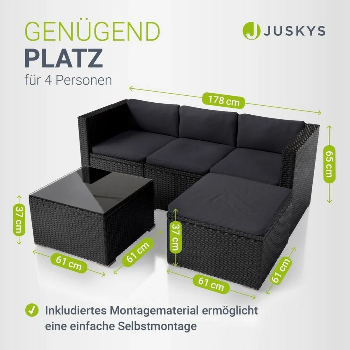 Juskys Punta Cana Gartenlounge-Set, Polyrattan, wetterfest & modern — 1 Tisch, 1 Sofa, 1 Hocker 4