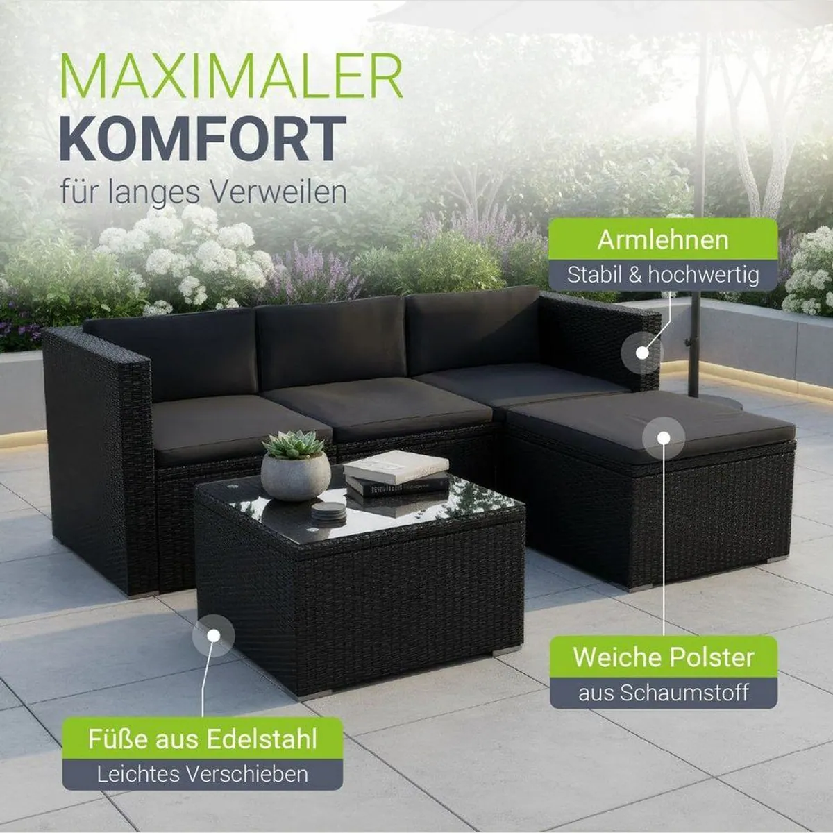 Juskys Punta Cana Gartenlounge-Set, Polyrattan, wetterfest & modern — 1 Tisch, 1 Sofa, 1 Hocker 5