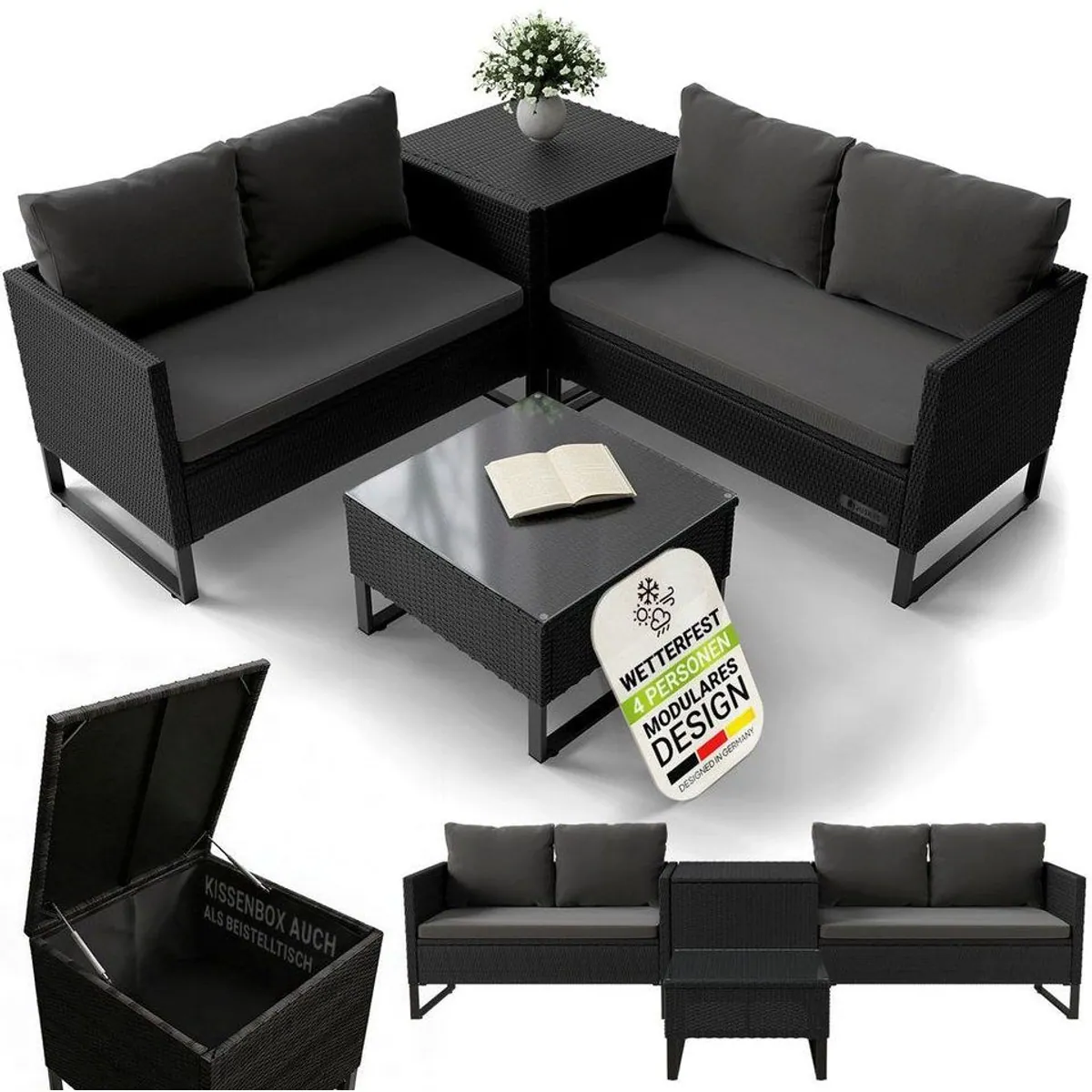 Juskys Gartenlounge-Set Santorini, wetterfest, modular, inkl. Auflagenbox