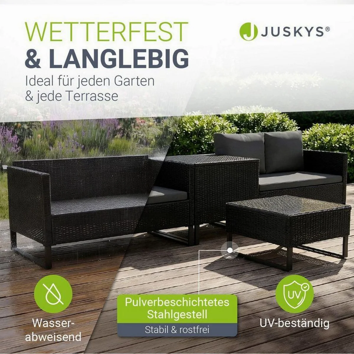 Juskys Gartenlounge-Set Santorini, wetterfest, modular, inkl. Auflagenbox 2