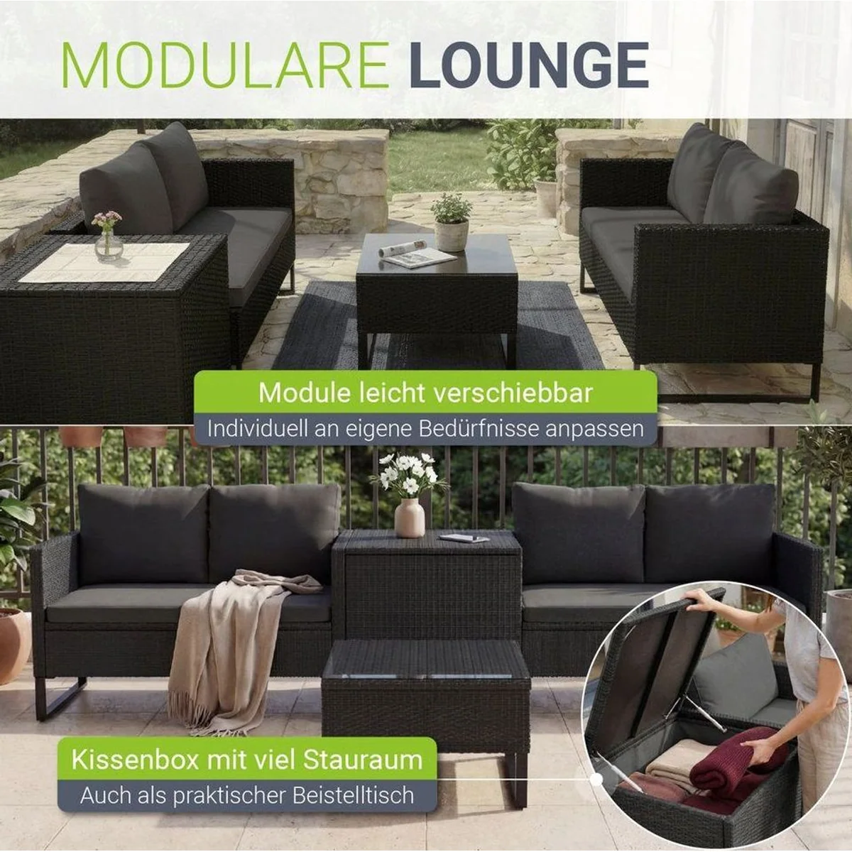 Juskys Gartenlounge-Set Santorini, wetterfest, modular, inkl. Auflagenbox 4