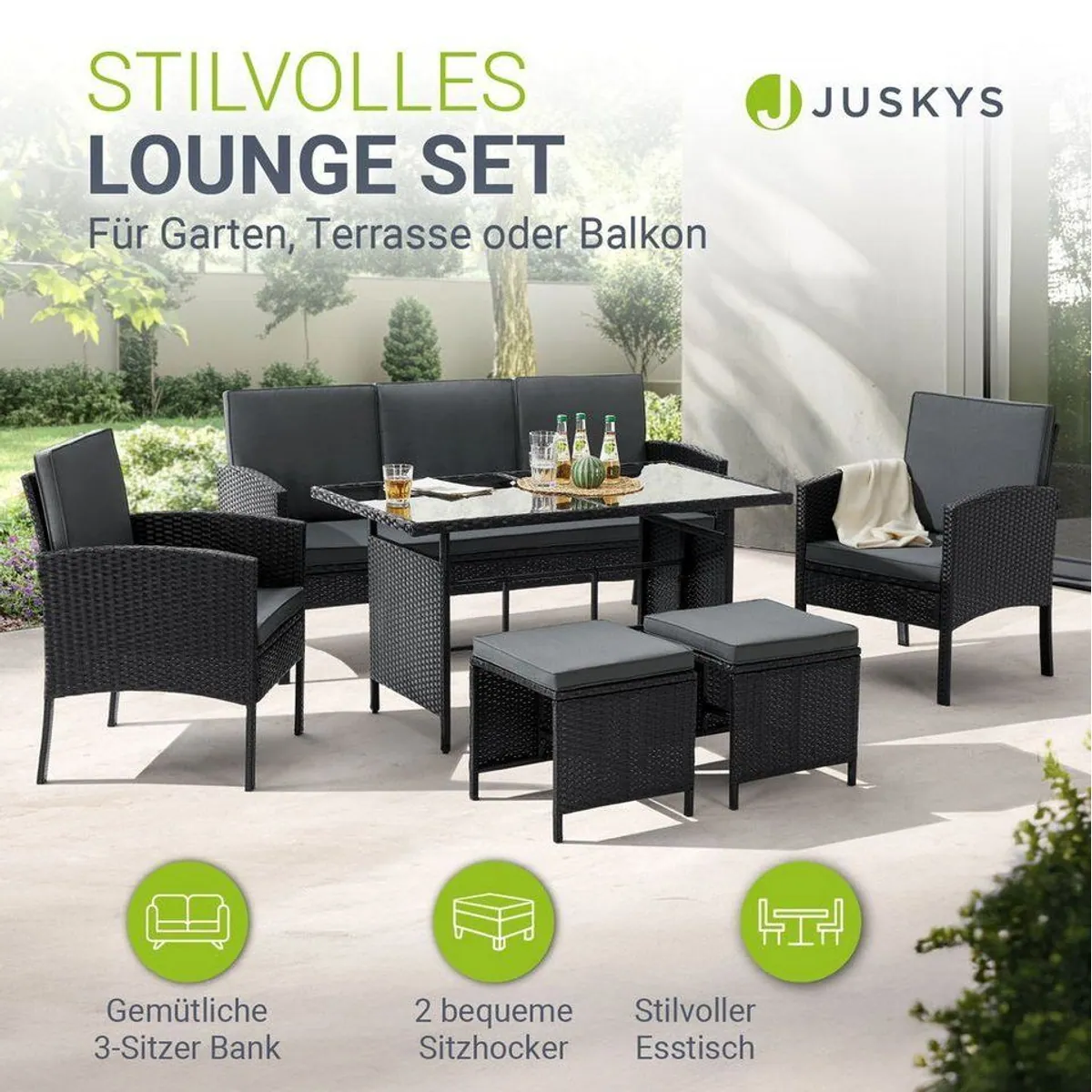 Juskys Gartenlounge-Set Turin, stilvolles 6-teiliges Polyrattan Set für 7 Personen 2
