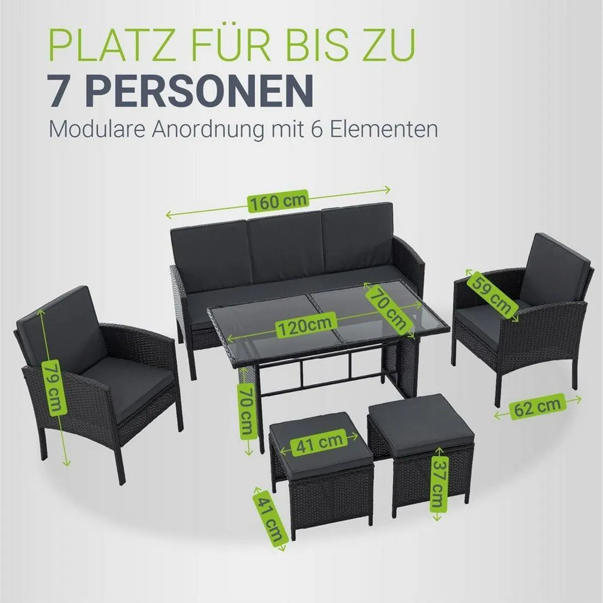 Juskys Gartenlounge-Set Turin, stilvolles 6-teiliges Polyrattan Set für 7 Personen 5