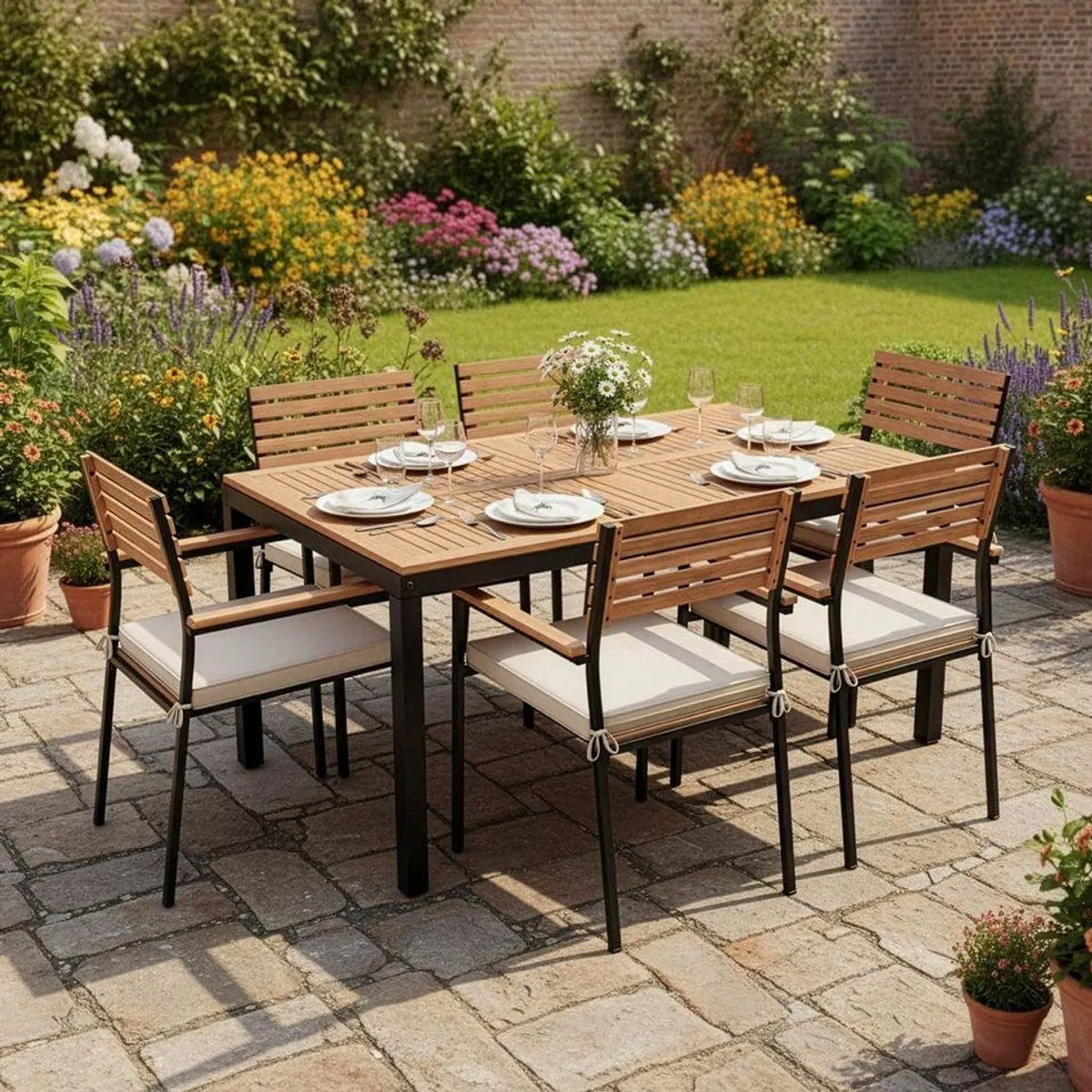 Juskys Gartenlounge-Set Rhodos, 7-teilig, elegantes Design aus Akazienholz