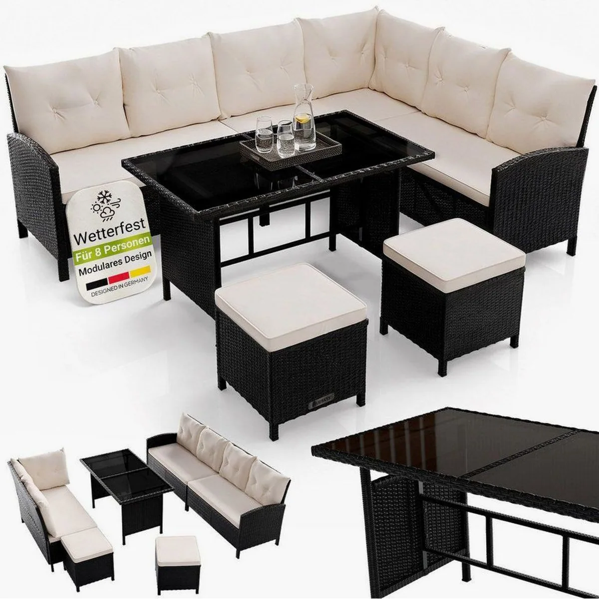 Juskys Manacor Gartenlounge-Set, elegantes Polyrattan-Design, großzügiger Tisch, komfortable Sitzkissen