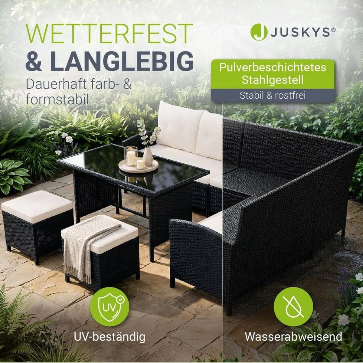 Juskys Manacor Gartenlounge-Set, elegantes Polyrattan-Design, großzügiger Tisch, komfortable Sitzkissen 2