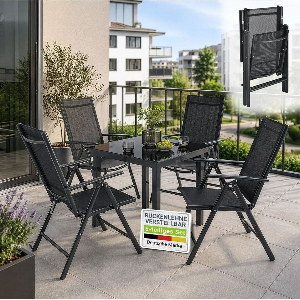 Juskys Milano Garten-Essgruppe, 5-teilig, Aluminium mit Sicherheitsglas — klappbare Stühle, verstellbare Rückenlehnen, witterungsbeständig