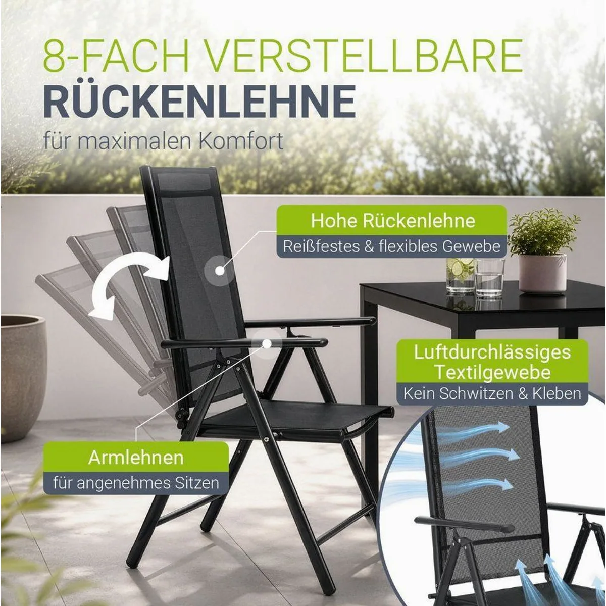 Juskys Milano Garten-Essgruppe, 5-teilig, Aluminium mit Sicherheitsglas — klappbare Stühle, verstellbare Rückenlehnen, witterungsbeständig 2