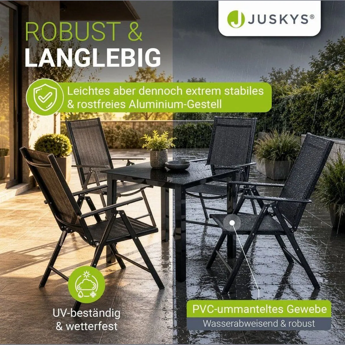 Juskys Milano Garten-Essgruppe, 5-teilig, Aluminium mit Sicherheitsglas — klappbare Stühle, verstellbare Rückenlehnen, witterungsbeständig 3