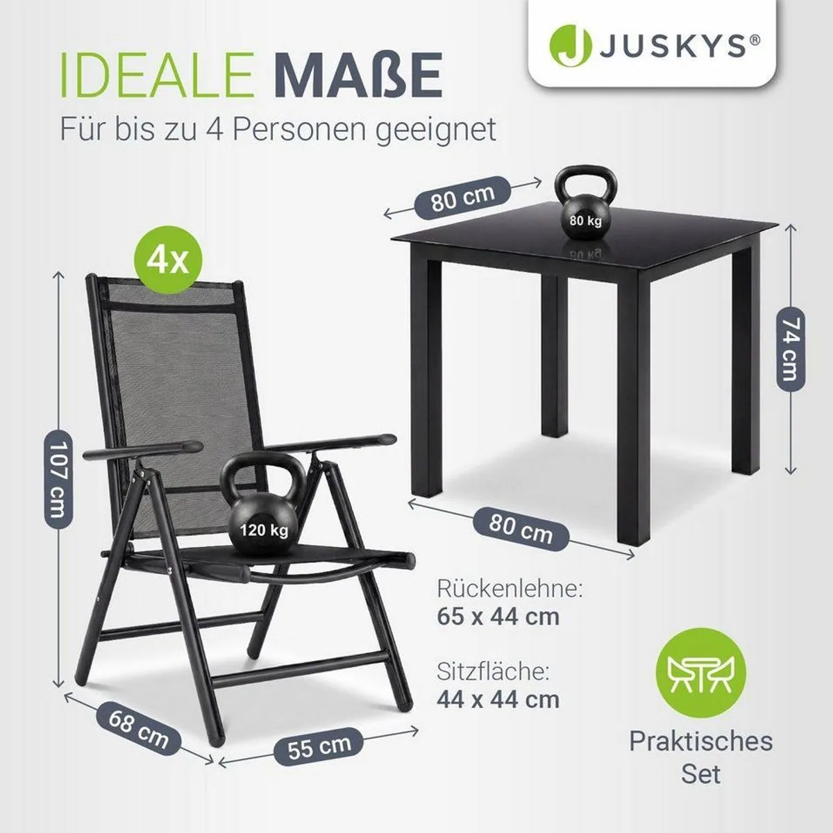 Juskys Milano Garten-Essgruppe, 5-teilig, Aluminium mit Sicherheitsglas — klappbare Stühle, verstellbare Rückenlehnen, witterungsbeständig 5
