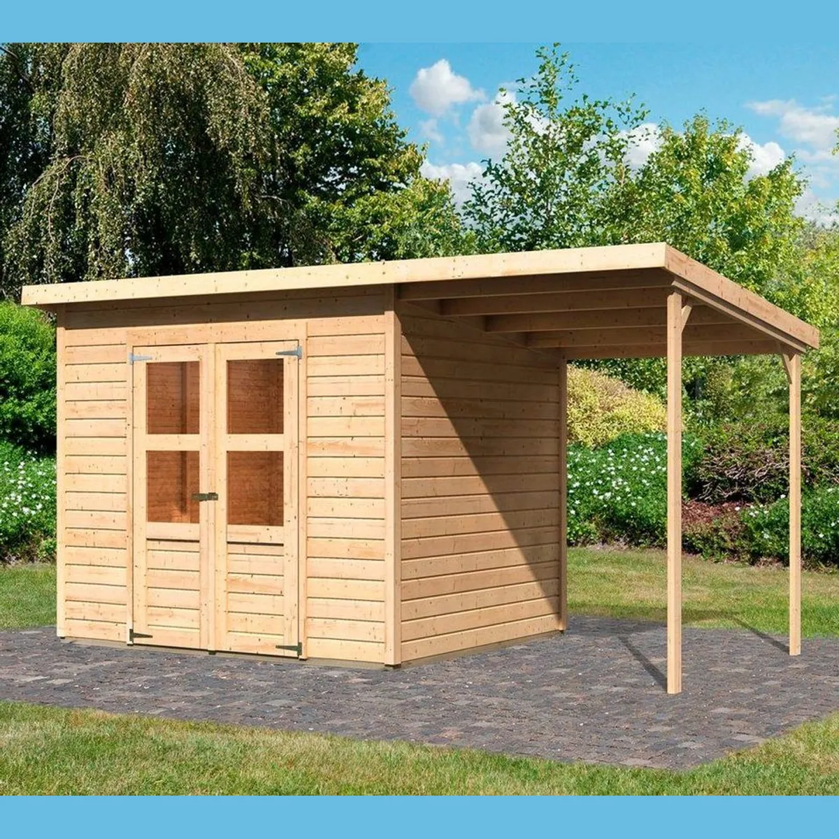 Karibu Gartenhaus Baggersee 4, 14 mm Wandstärke, Pultdach — idealer Stauraum für Gartenbedarf