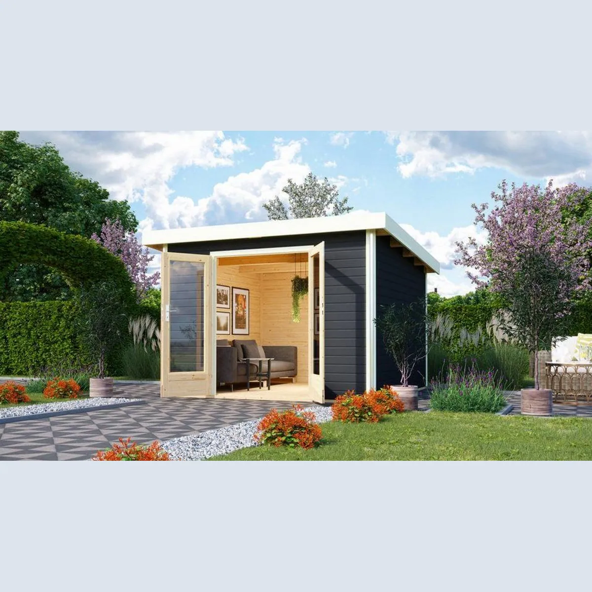 Karibu Gartenhaus Radeburg, 38 mm, 346 x 360 cm, terragrau — stabil, ansprechend, funktional