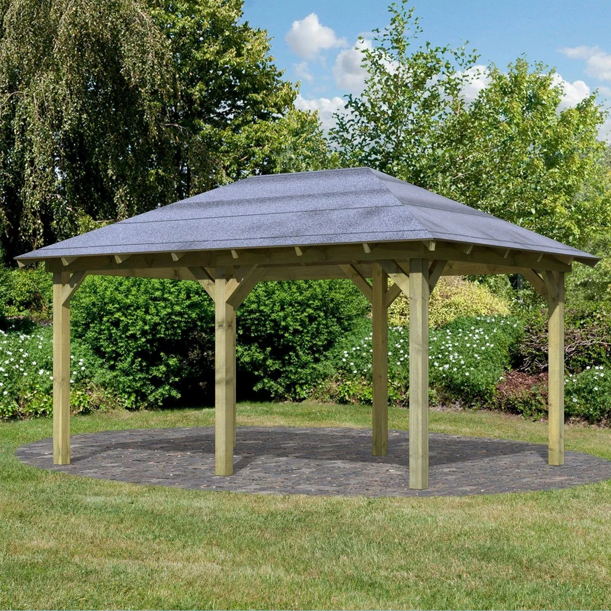 Karibu Pavillon Mailand, naturbelassenes Fichtenholz, witterungsbeständig, großzügige Maße — 345x485 cm