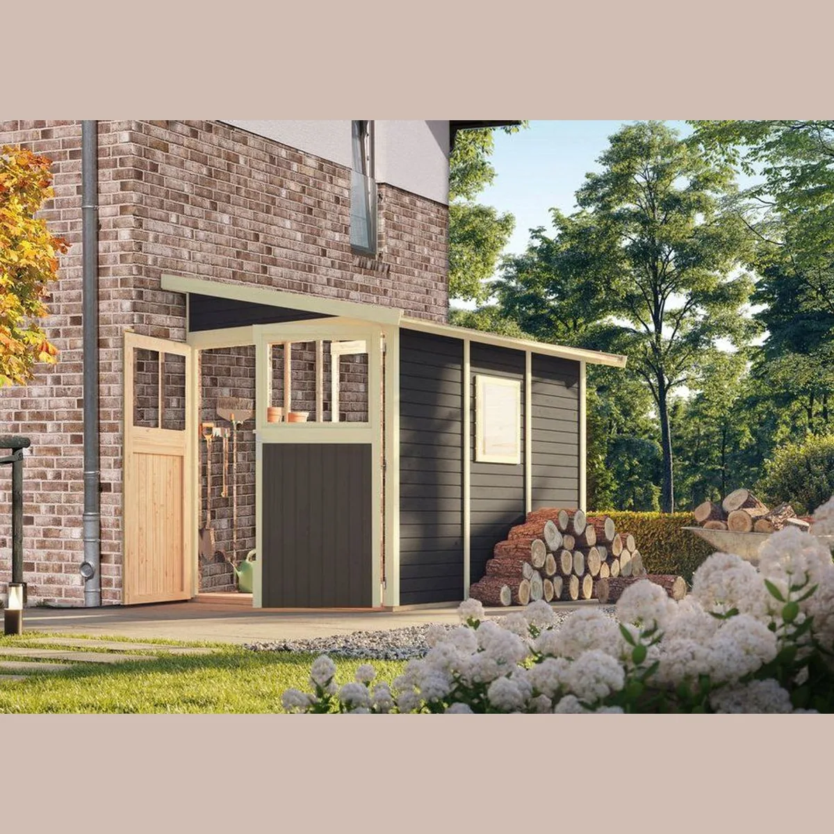 Karibu Gartenhaus Wandlitz, 19 mm, Pultdach, terragrau — hochwertiges nordisches Fichtenholz, einfache Montage, optimaler Witterungsschutz