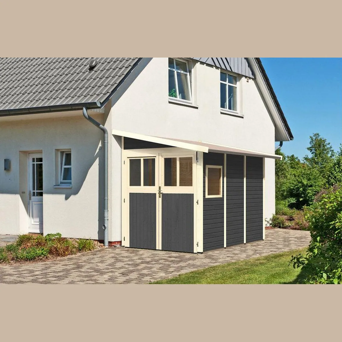 Karibu Gartenhaus Wandlitz, 19 mm, Pultdach, terragrau — hochwertiges nordisches Fichtenholz, einfache Montage, optimaler Witterungsschutz 2