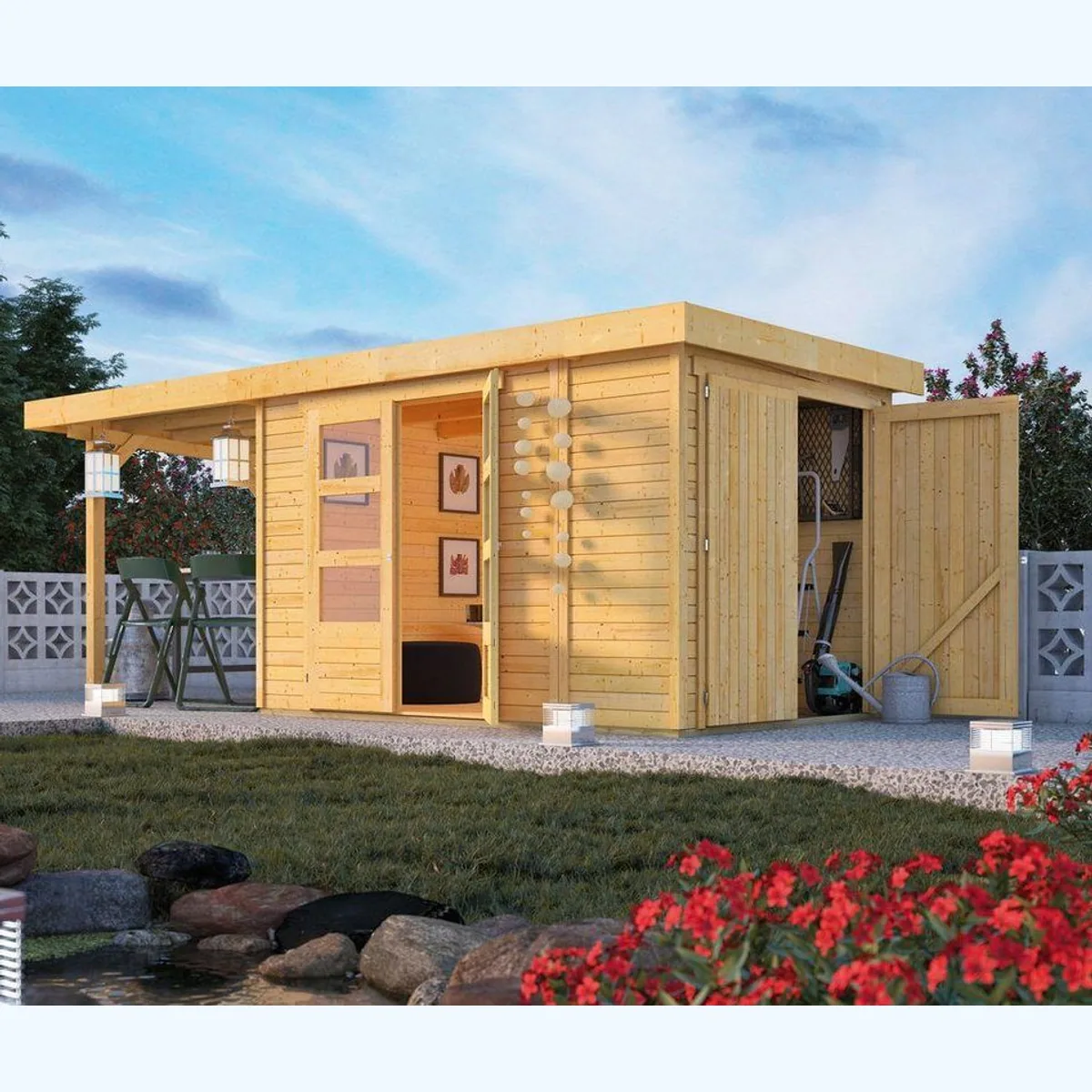Karibu Retola Gartenhaus, 19 mm, 566 x 238 cm, inkl. Anbaudach