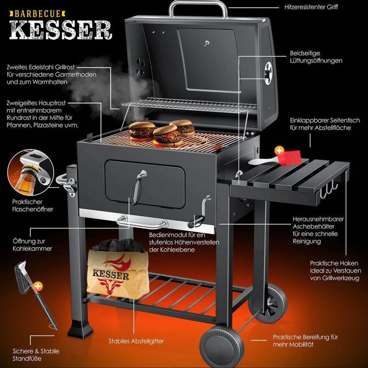 KESSER Holzkohlegrill Premium, vielseitig, mit integriertem Thermometer, mobil und leicht zu reinigen 3