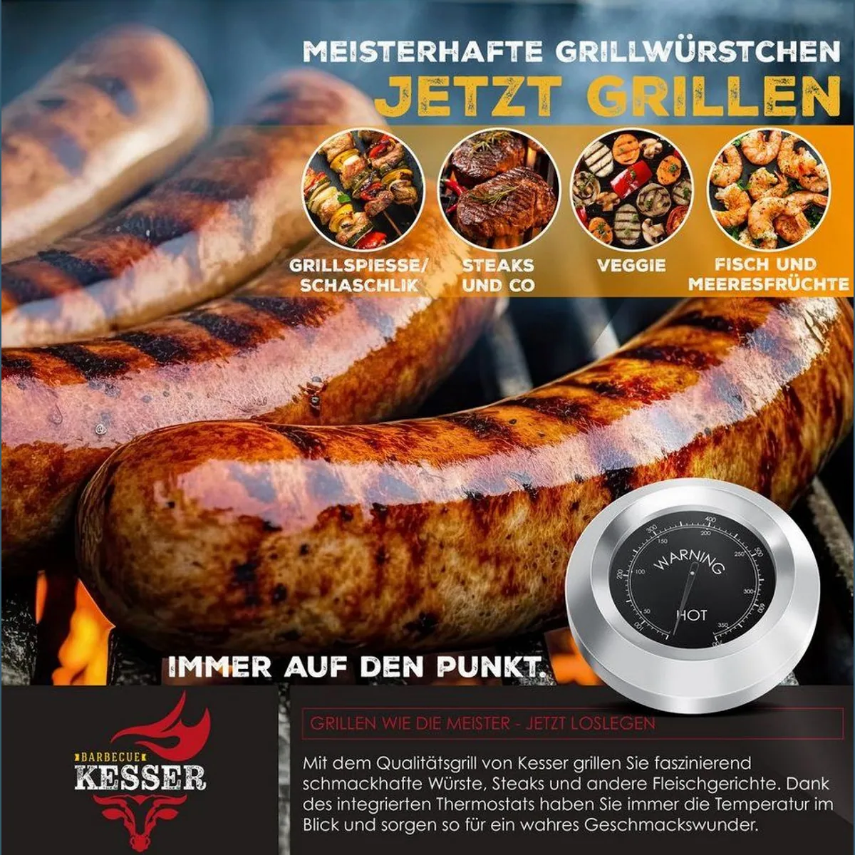 KESSER Holzkohlegrill Premium, vielseitig, mit integriertem Thermometer, mobil und leicht zu reinigen 5