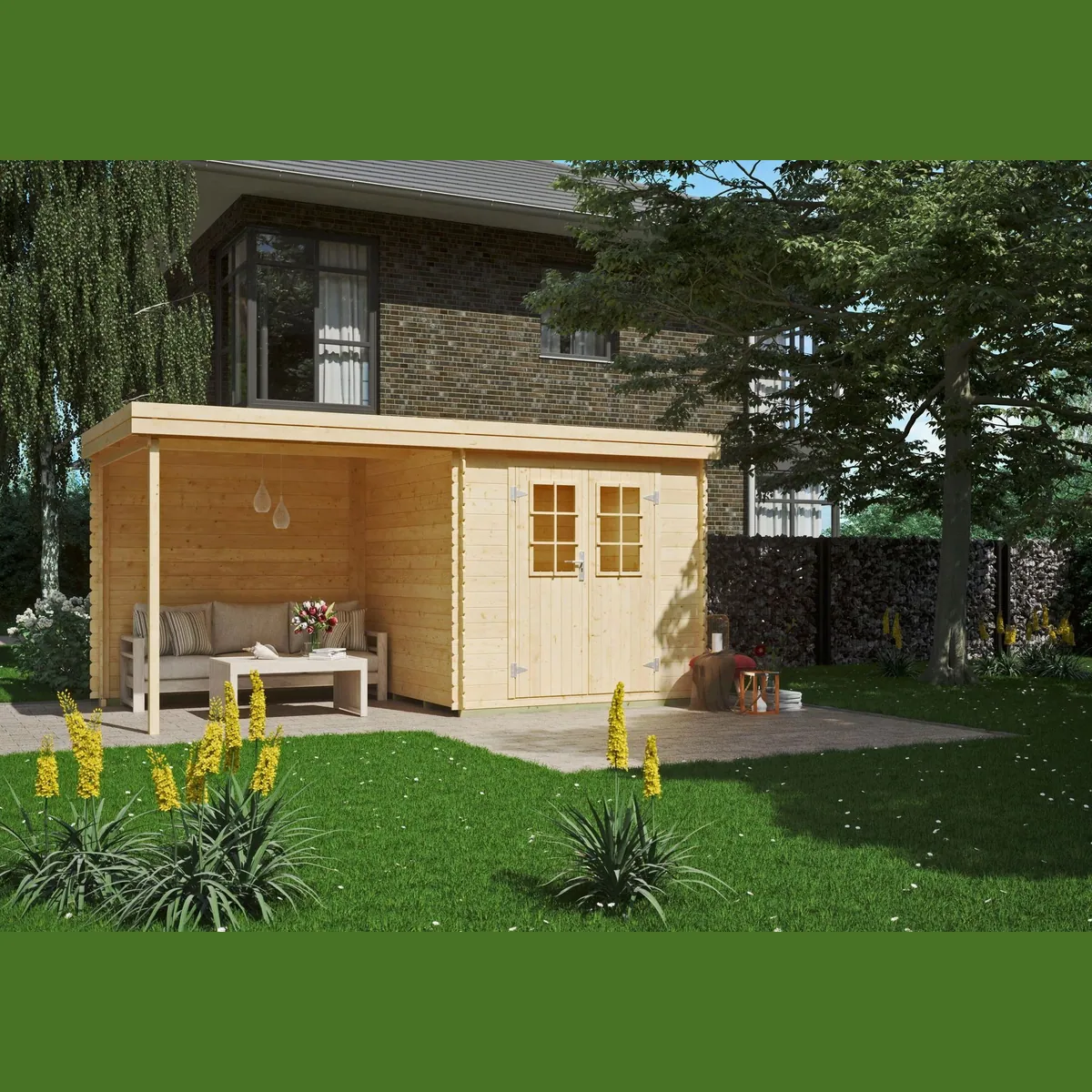 Kiehn-Holz Gartenhaus Edersee, Flachdach, aus naturbelassenem Fichtenholz — hohe Wandstärke, doppelflügeltür, geräumig