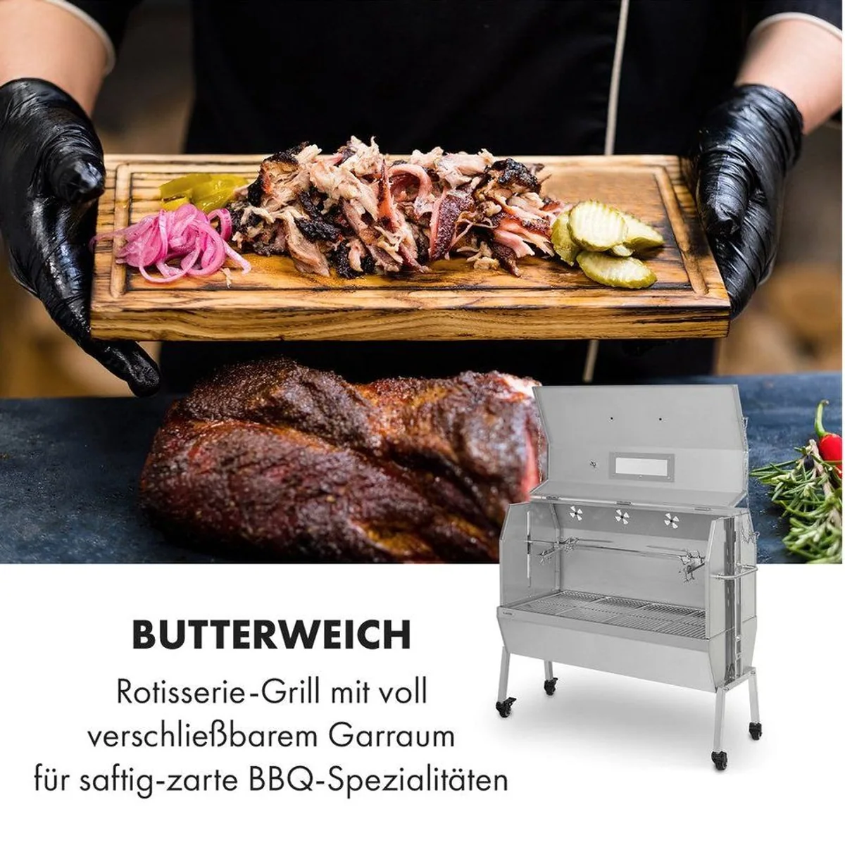 Klarstein Sauenland Pro XL Holzkohlegrill, Motorgetriebener Drehspieß, Edelstahl-Grillrost 2