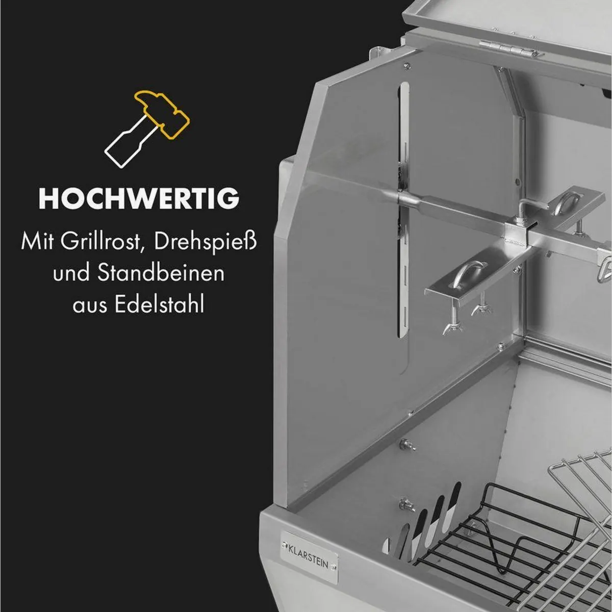 Klarstein Sauenland Pro XL Holzkohlegrill, Motorgetriebener Drehspieß, Edelstahl-Grillrost 3