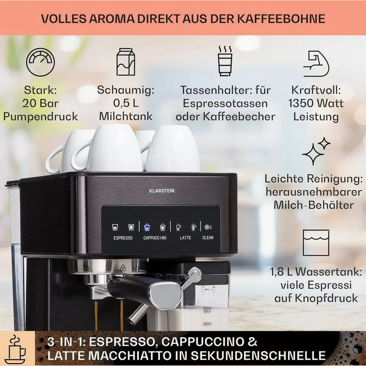 Klarstein Arabica Comfort, 20 bar Pumpendruck, 1,8 l Wassertank, Touch-Panel 3