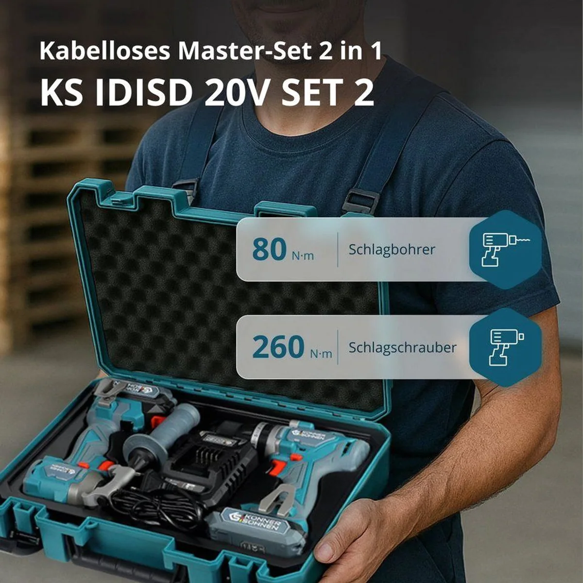 Könner & Söhnen Akku-Schlagbohrschrauber KS IDISD 20V SET 2, leistungsstarkes 2-in-1-Set, inklusive 2 Akkus & Ladegerät 2