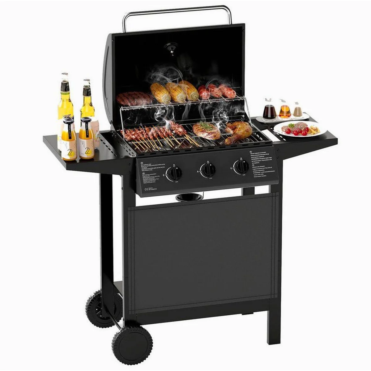 KOMFOTTEU Holzkohlegrill, multifunktionale BBQ-Station mit 3 Brennern, 3 Grillrosten