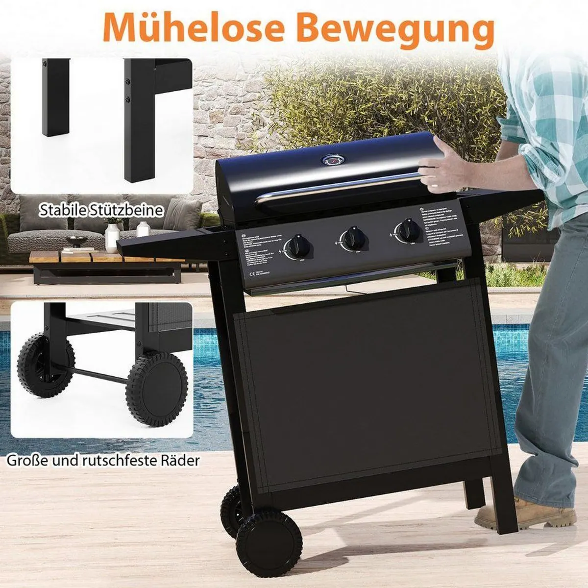 KOMFOTTEU Holzkohlegrill, multifunktionale BBQ-Station mit 3 Brennern, 3 Grillrosten 2