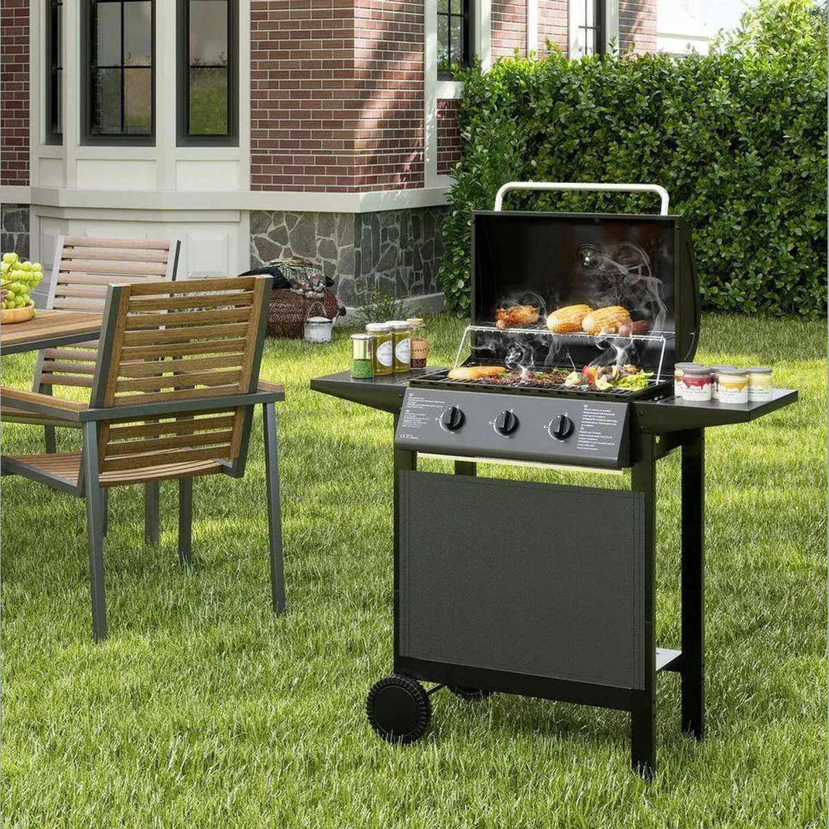KOMFOTTEU Holzkohlegrill, multifunktionale BBQ-Station mit 3 Brennern, 3 Grillrosten 3