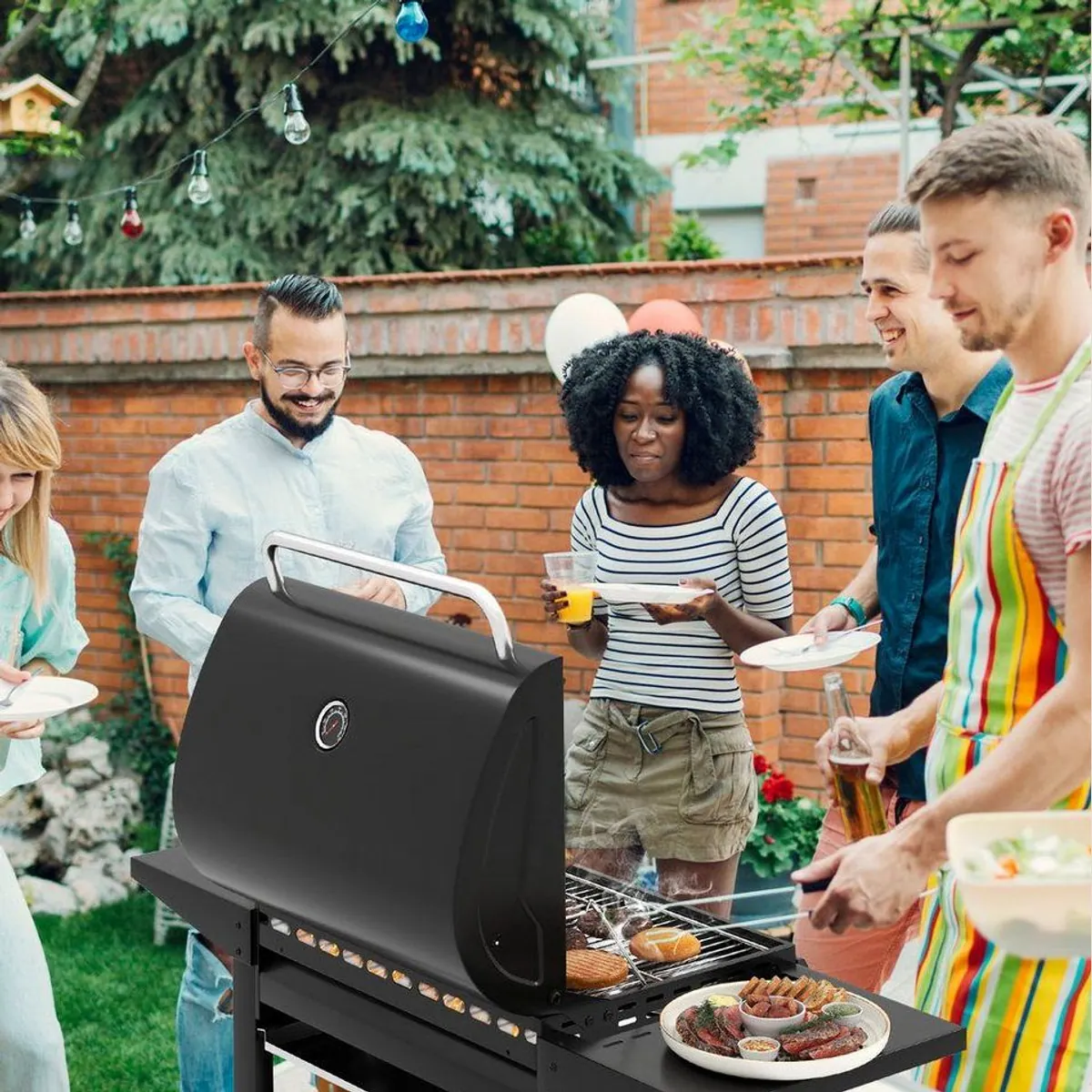 KOMFOTTEU Holzkohlegrill, multifunktionale BBQ-Station mit 3 Brennern, 3 Grillrosten 5