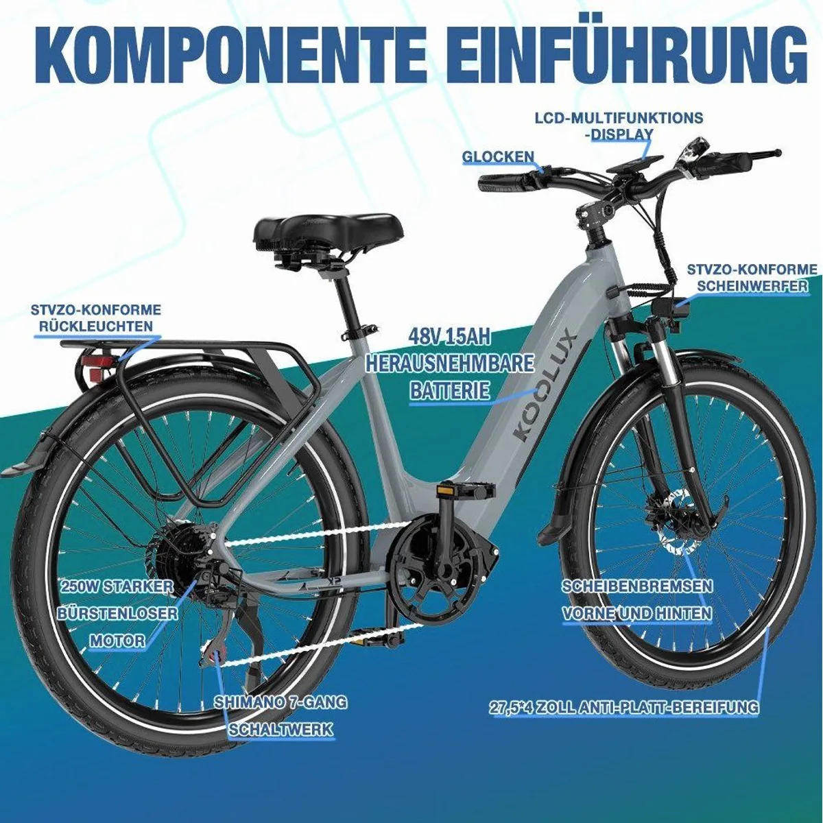 KOOLUX E-Bike 27,5 Zoll, 7-Gang Shimano, 720 Wh Lithium-Ionen-Akku 3