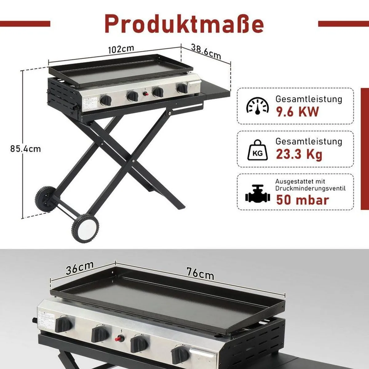 LALAHO Gasgrill Tragbarer 4 Brenner, 9.6 kW, klappbar und mobil 2